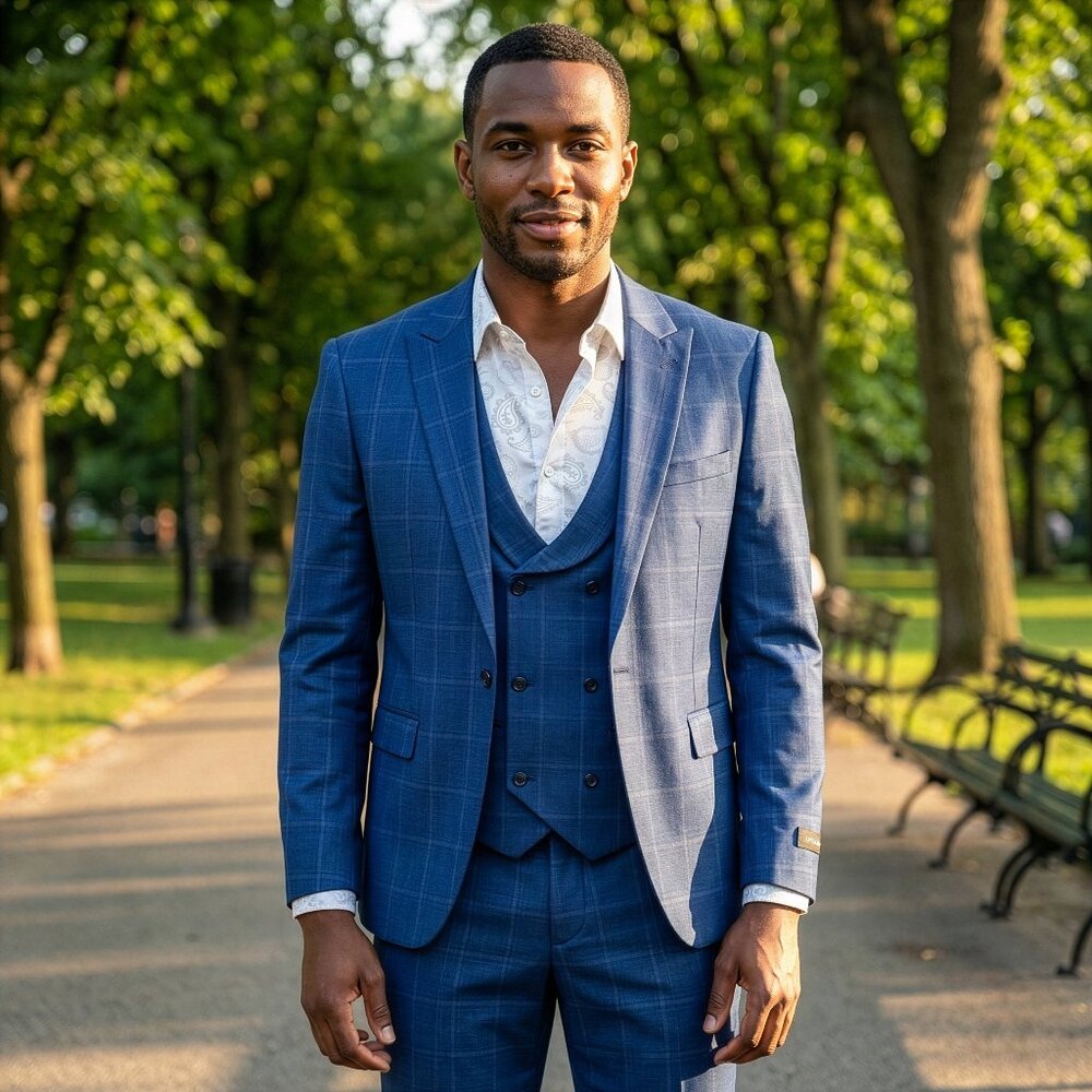 New 2026 Mens 3pc Plaid Blue Suit Set, Skinny Fit
